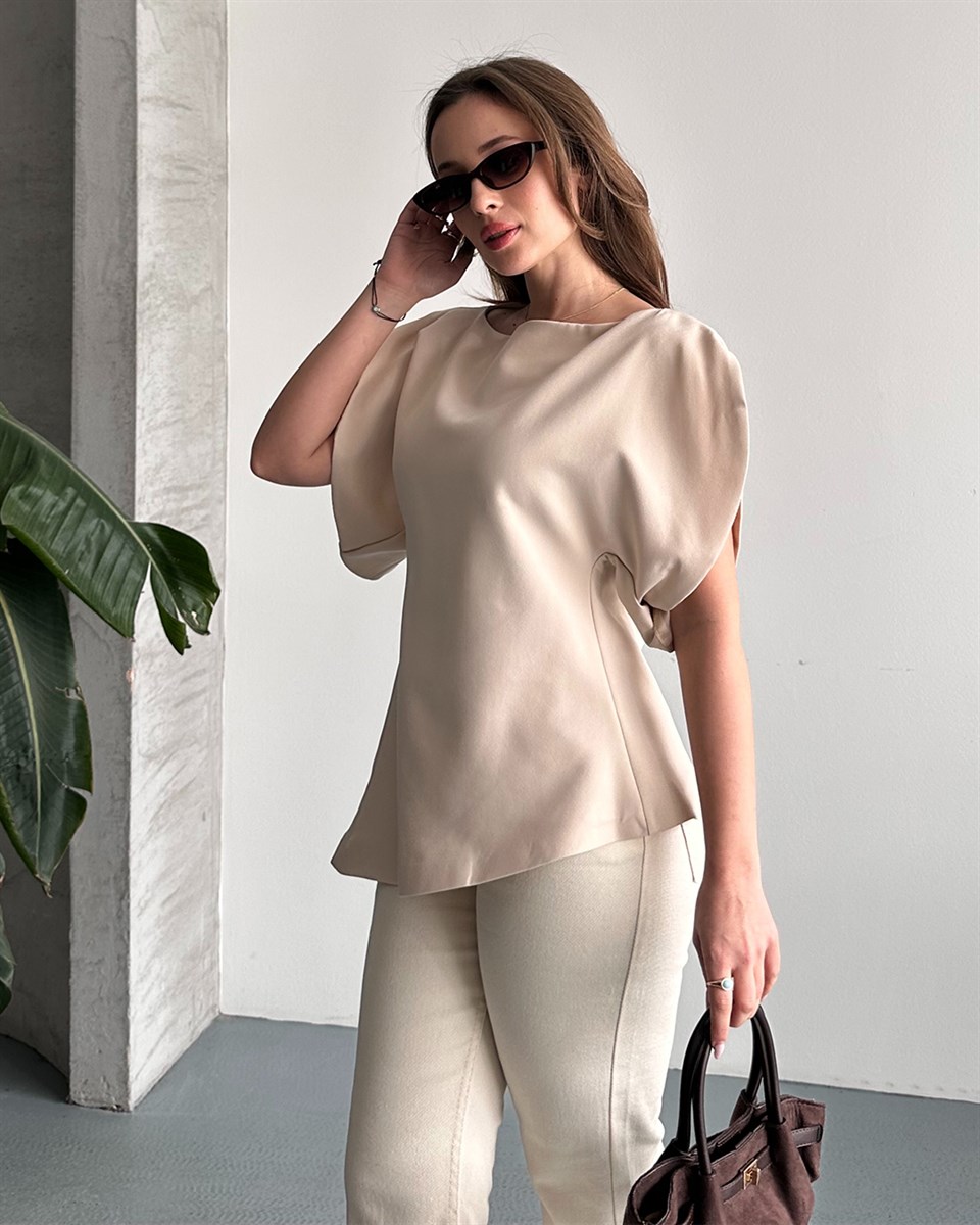 Balon Kol Kayık Yaka Krem Tişört