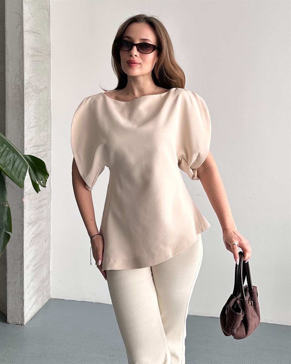 Balon Kol Kayık Yaka Krem Tişört