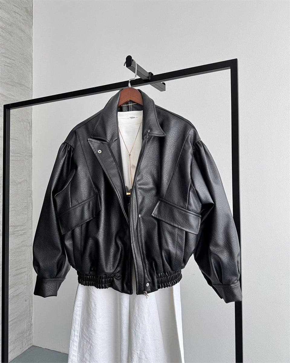 Balon Kol Oversize Siyah Deri Bomber Ceket