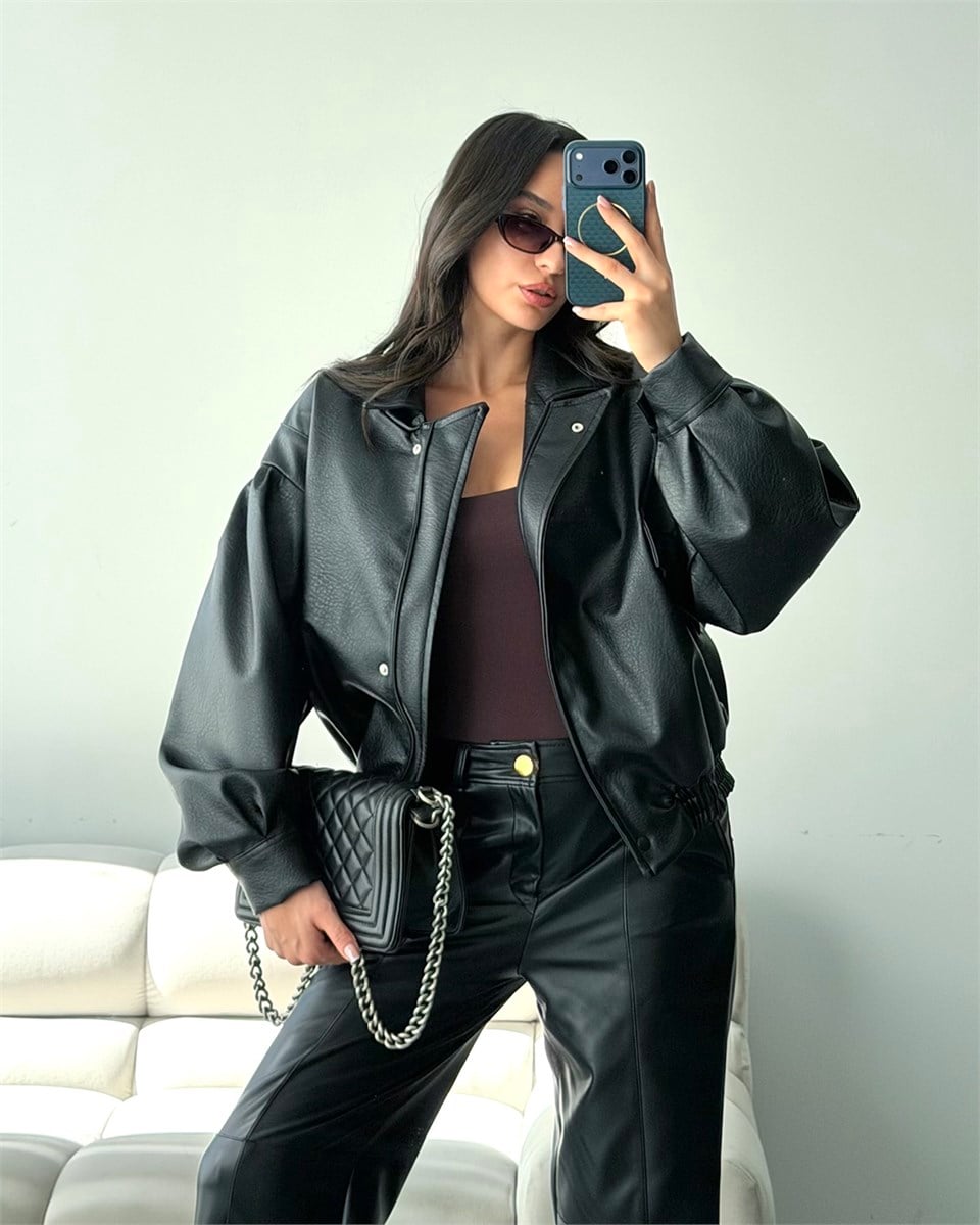 Balon Kol Oversize Siyah Deri Bomber Ceket