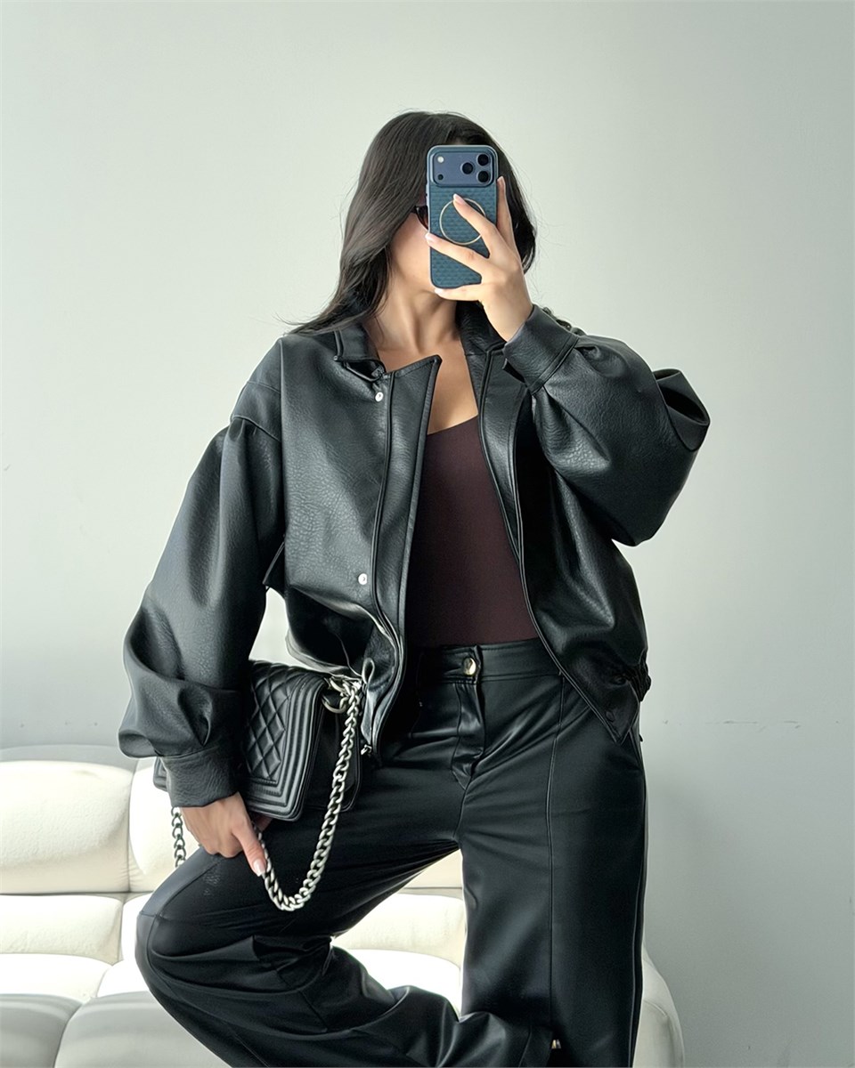Balon Kol Oversize Siyah Deri Bomber Ceket