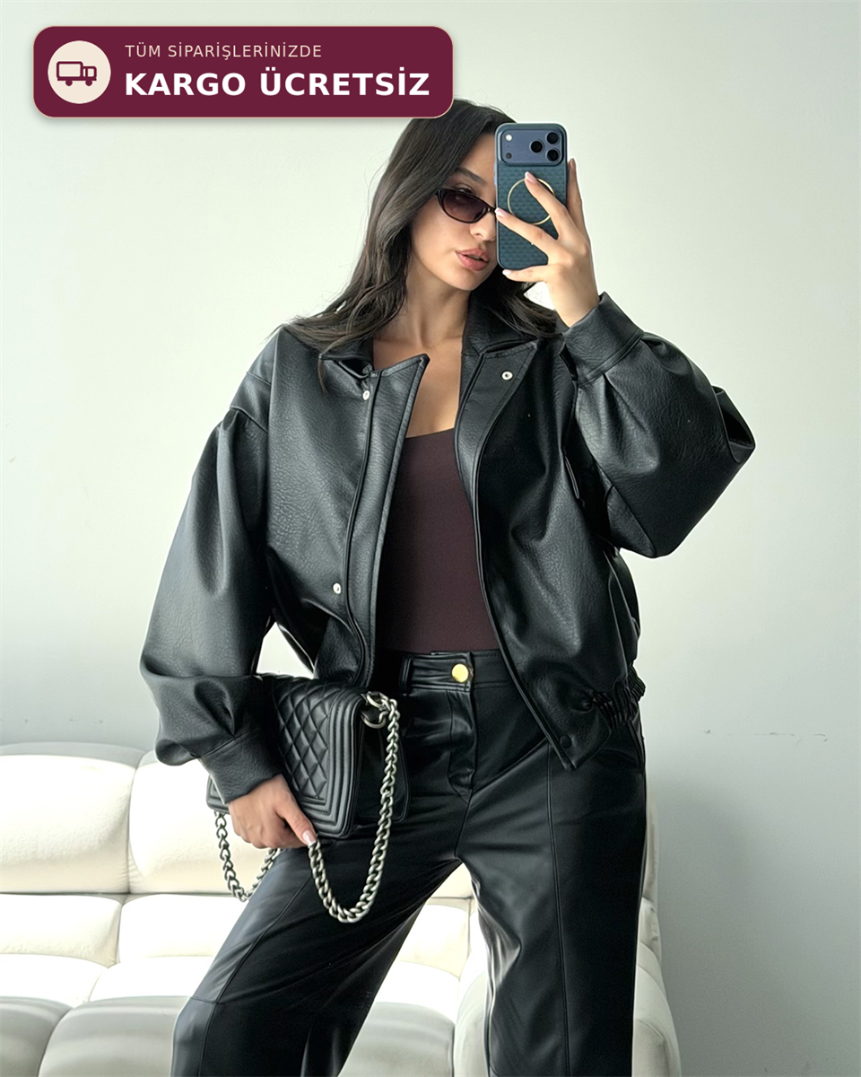 Balon Kol Oversize Siyah Deri Bomber Ceket