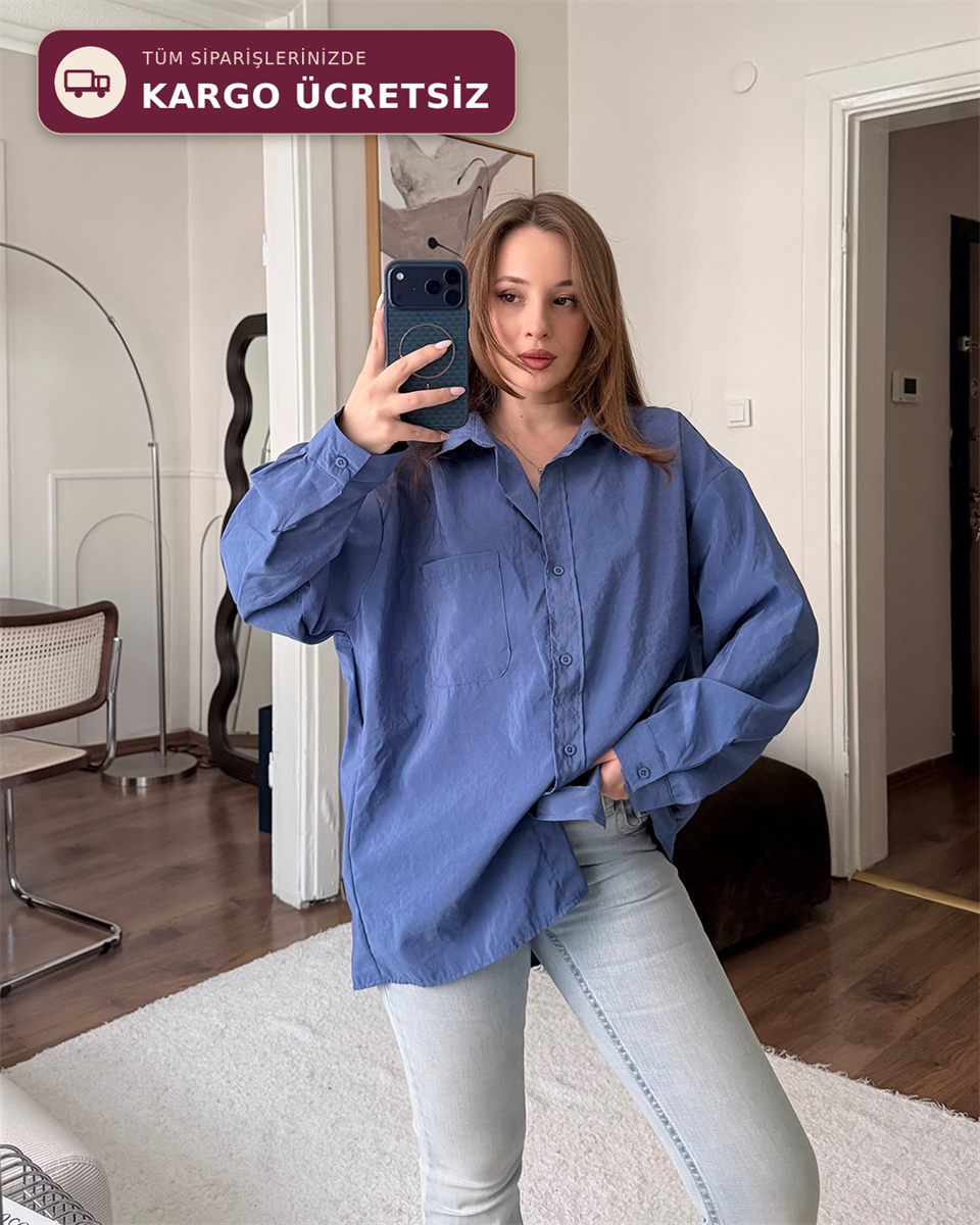 Bambu Oversize İndigo Gömlek