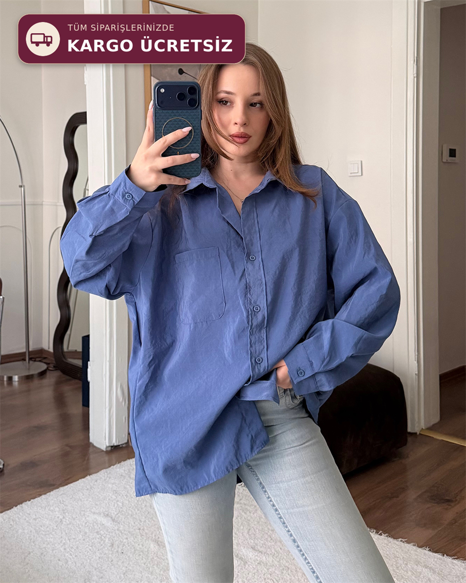 Bambu Oversize İndigo Gömlek
