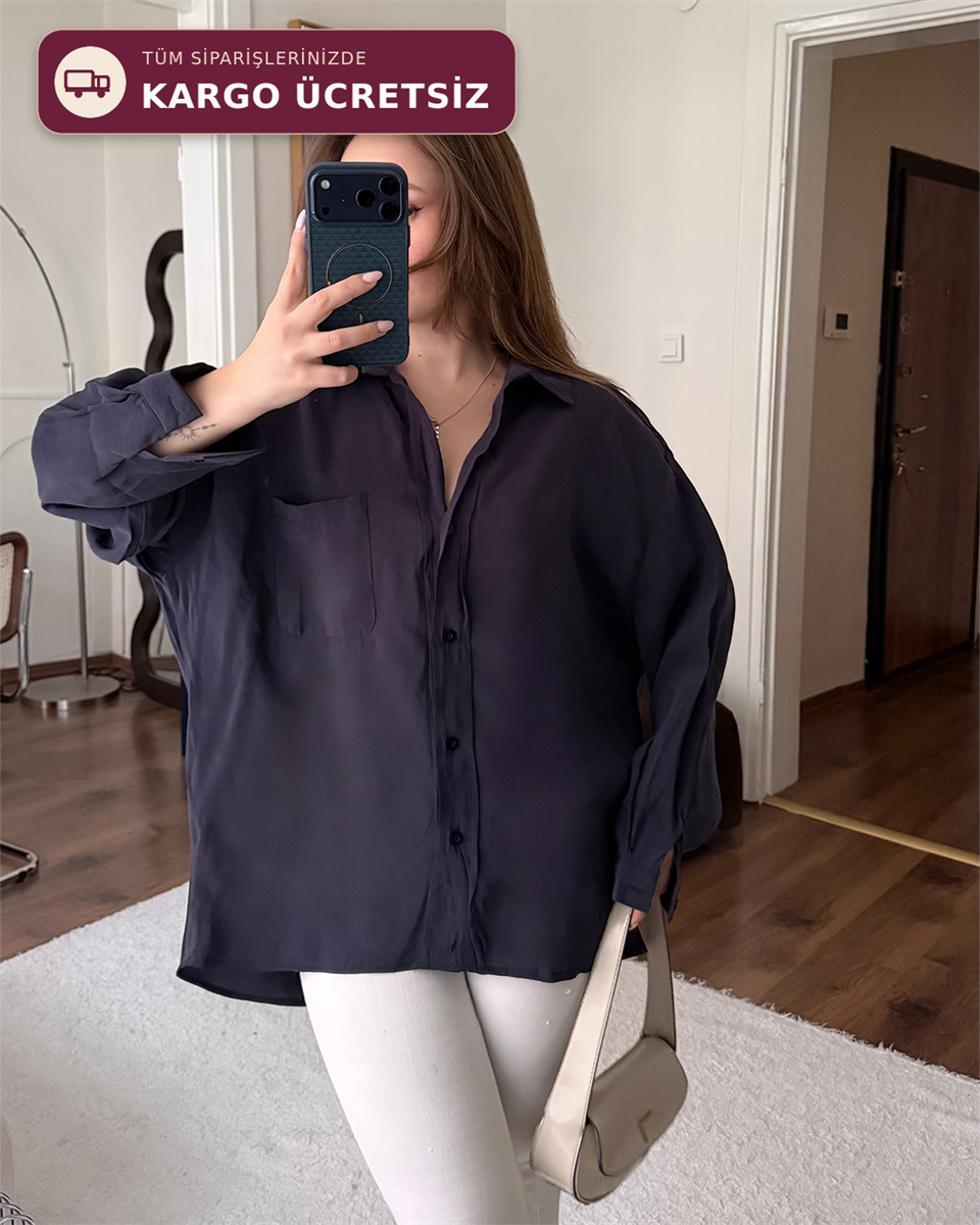 Bambu Oversize Lacivert Gömlek