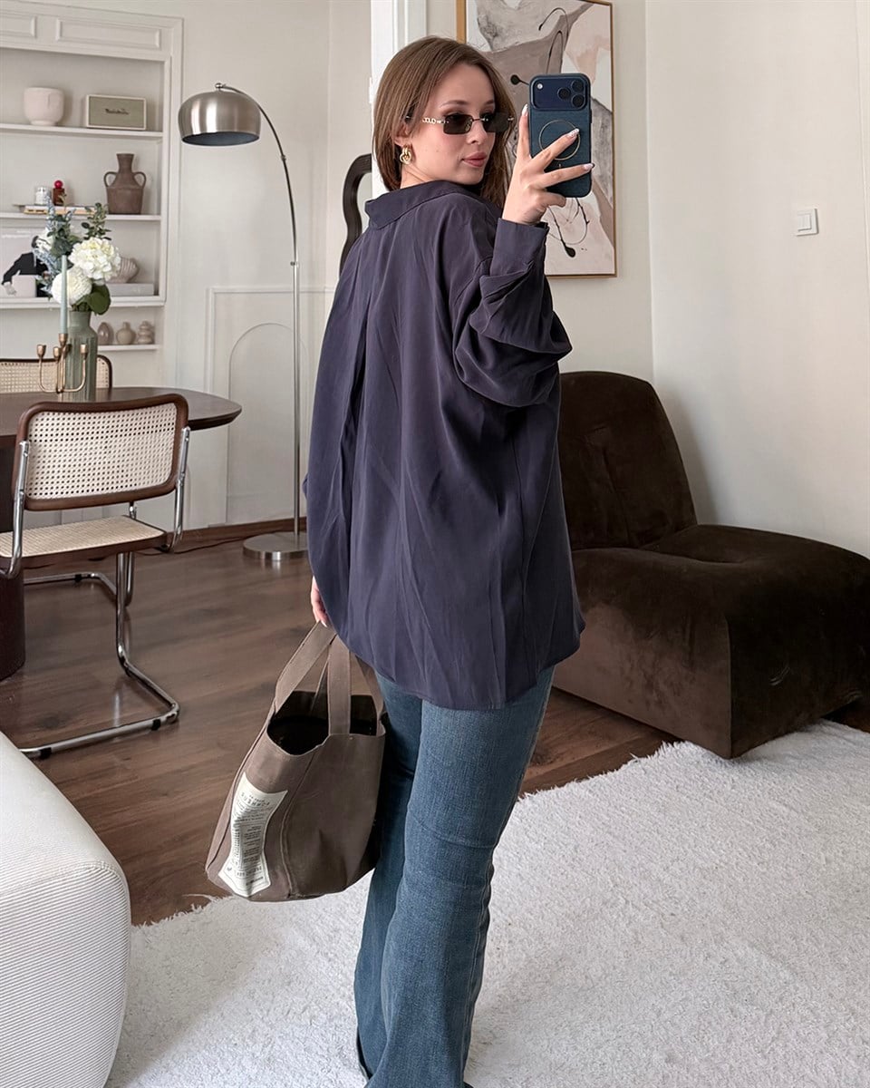 Bambu Oversize Lacivert Gömlek