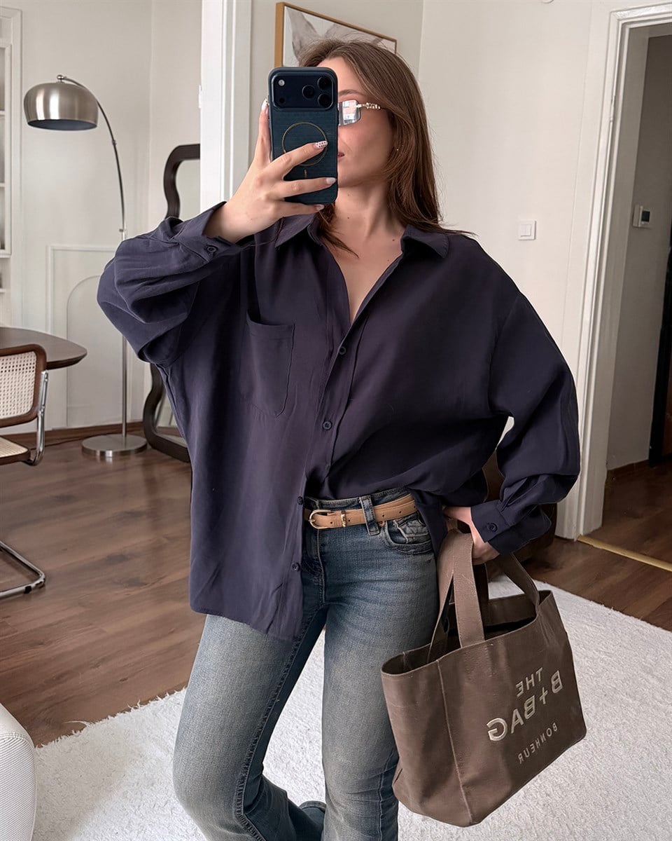 Bambu Oversize Lacivert Gömlek