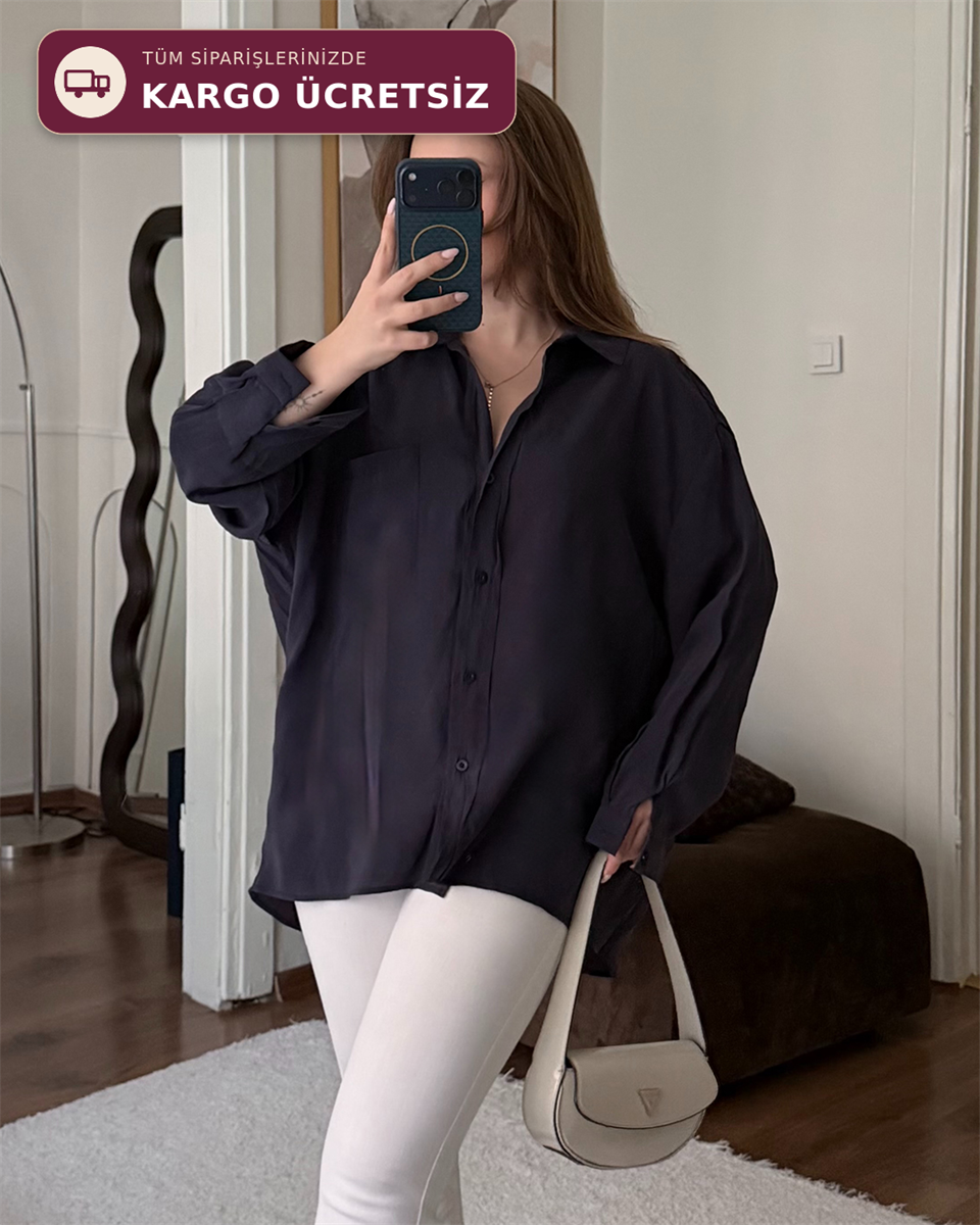 Bambu Oversize Lacivert Gömlek