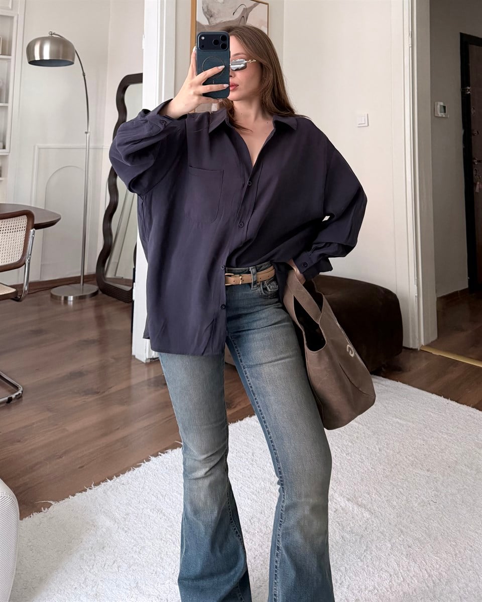 Bambu Oversize Lacivert Gömlek