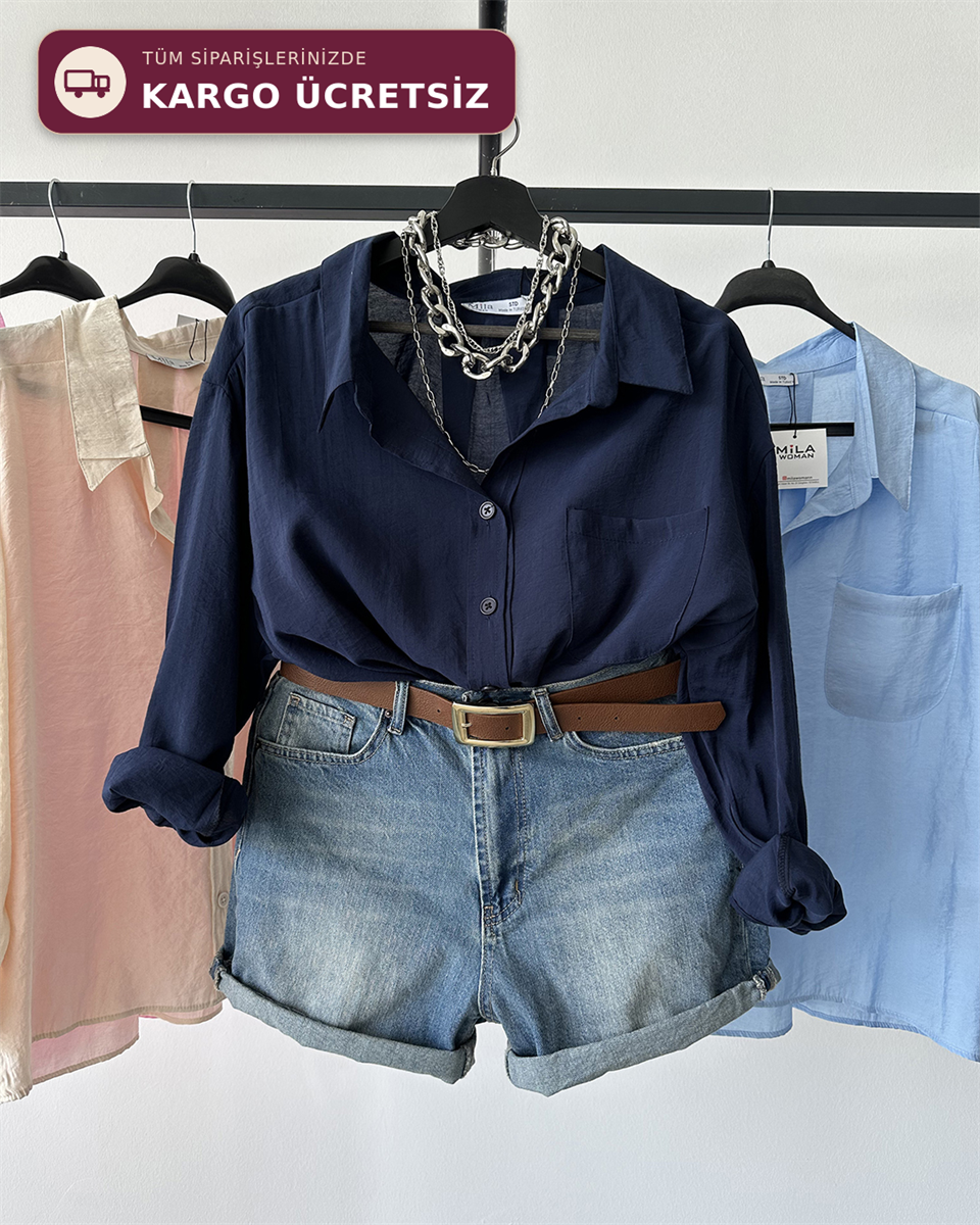 Bambu Oversize Lacivert Gömlek