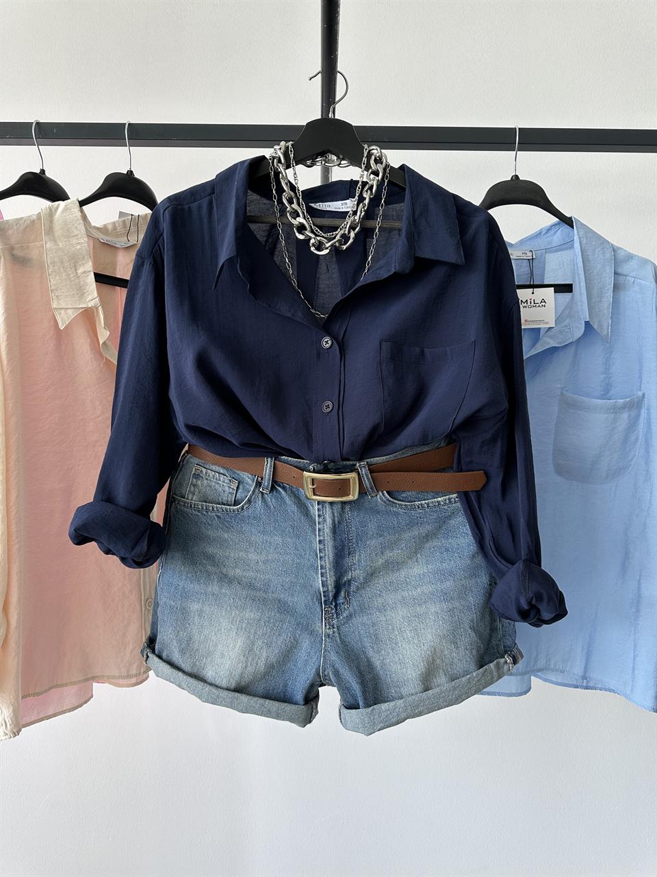 Bambu Oversize Lacivert Gömlek