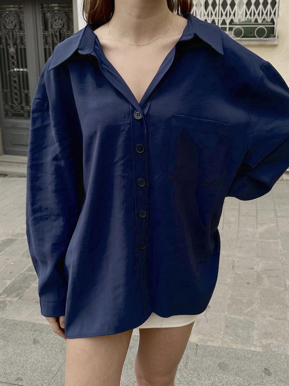 Bambu Oversize Lacivert Gömlek