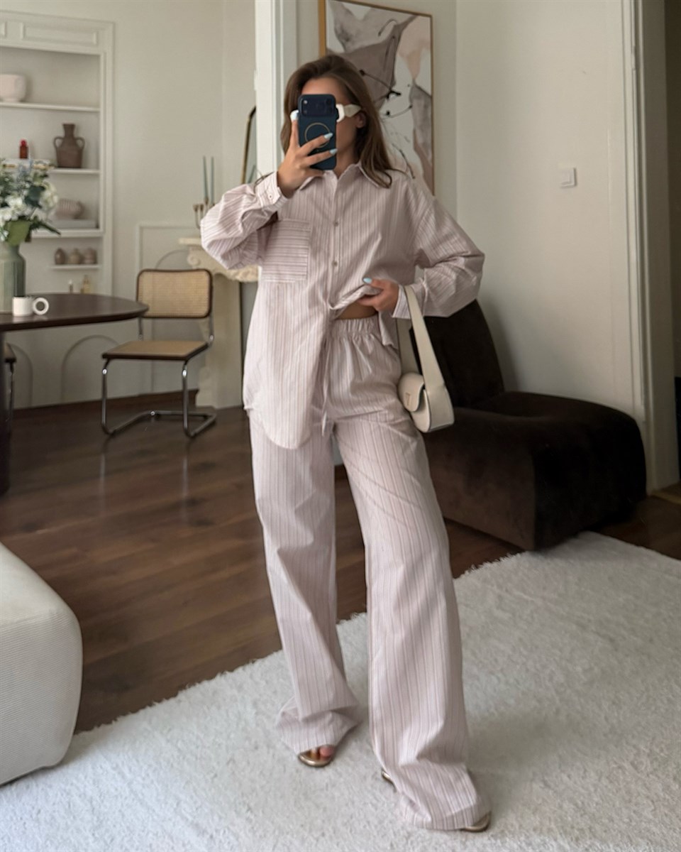 Bej Çizgili Oversize Gömlek Pantolon Takım