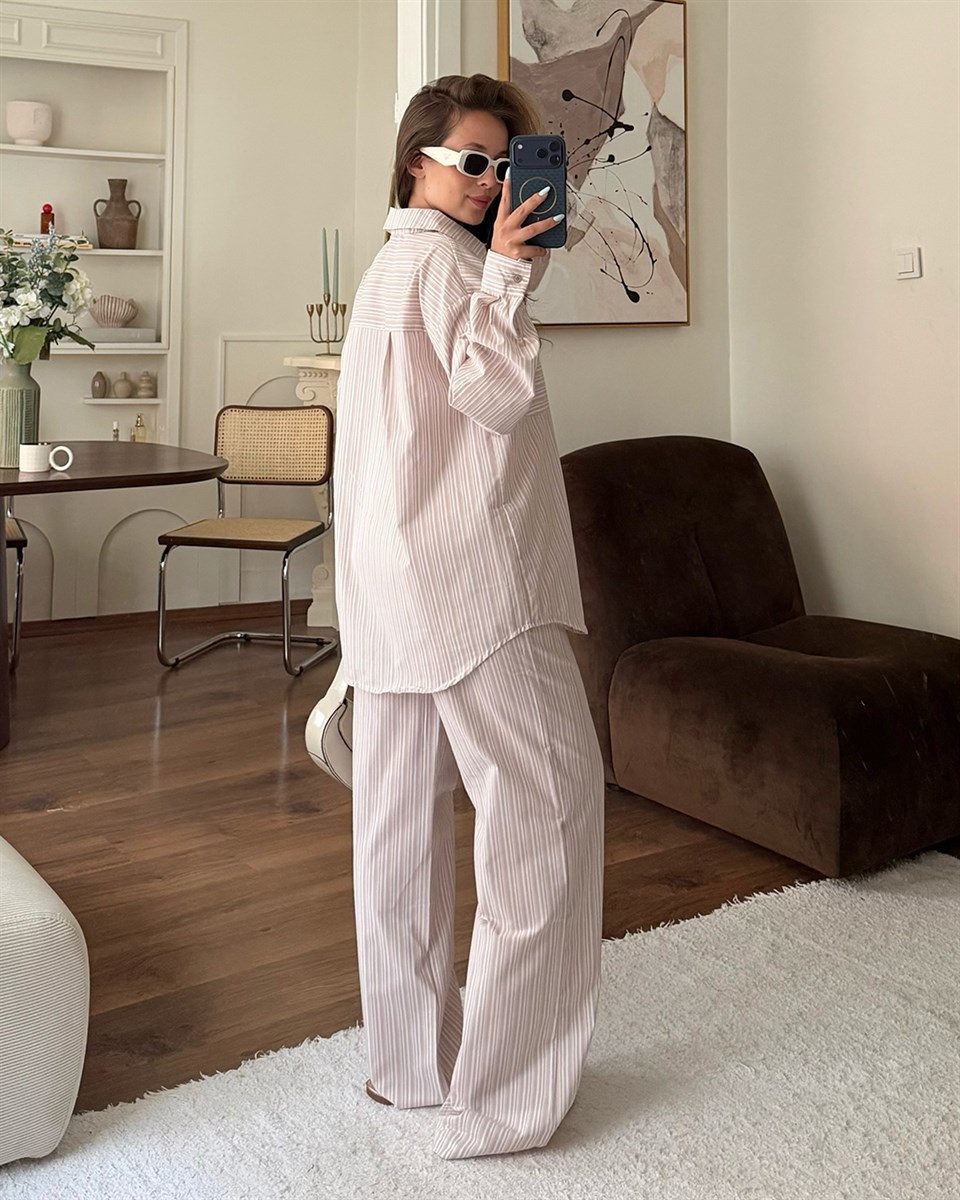 Bej Çizgili Oversize Gömlek Pantolon Takım