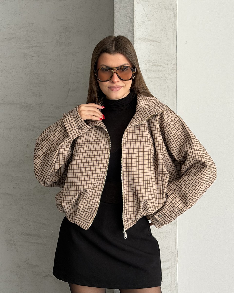 Bej Grid Desenli Fermuarlı Crop Ceket