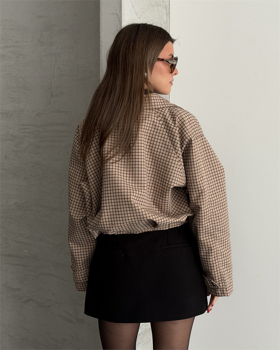 Bej Grid Desenli Fermuarlı Crop Ceket