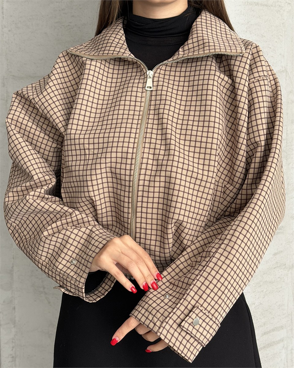 Bej Grid Desenli Fermuarlı Crop Ceket