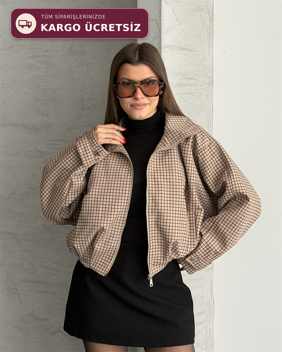 Bej Grid Desenli Fermuarlı Crop Ceket
