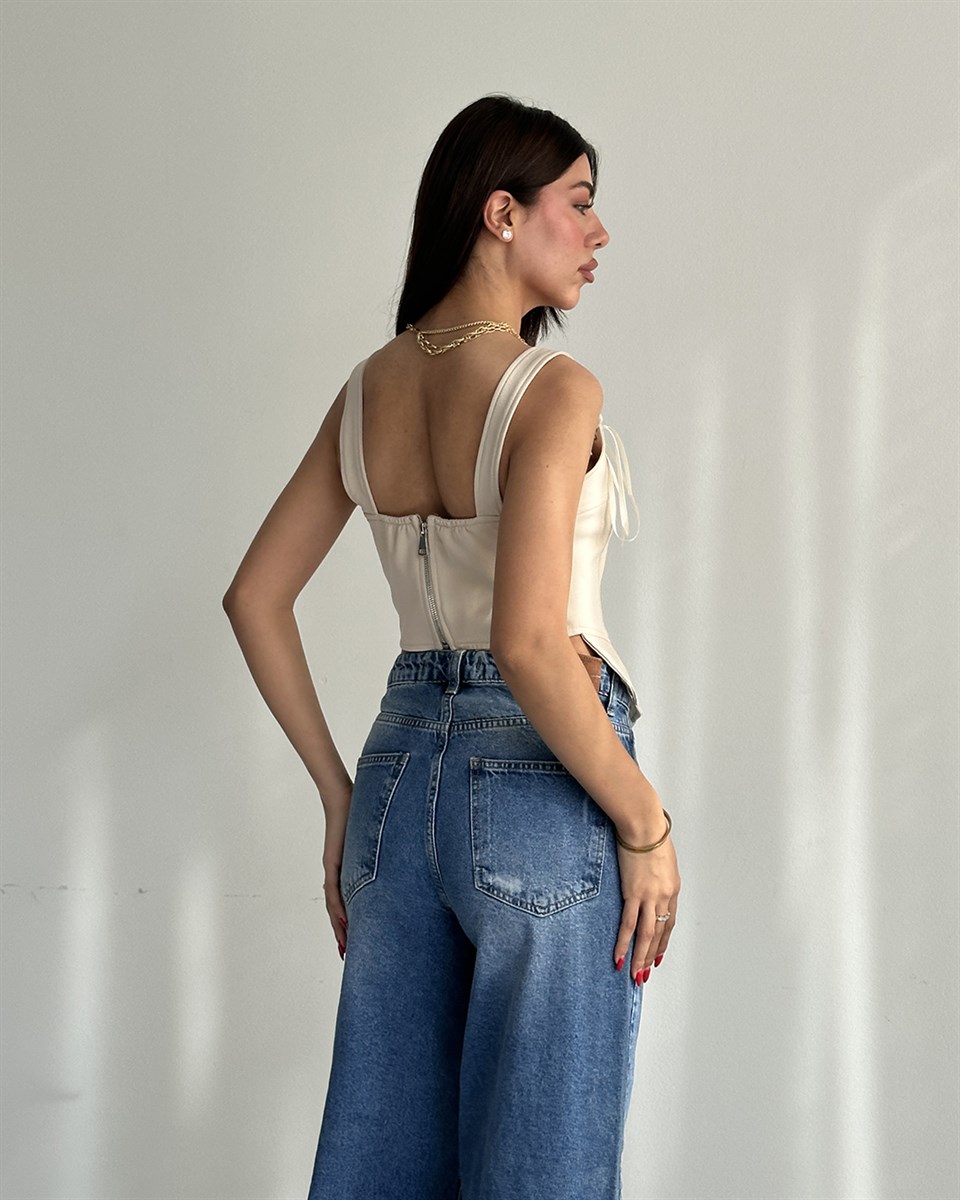 Bej İp Detaylı Korse Bluz