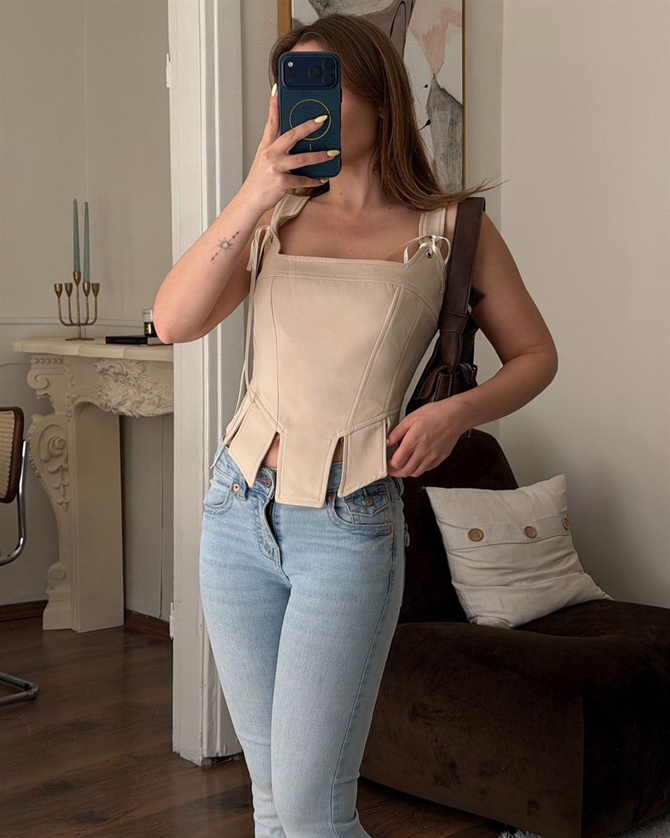 Bej İp Detaylı Korse Bluz