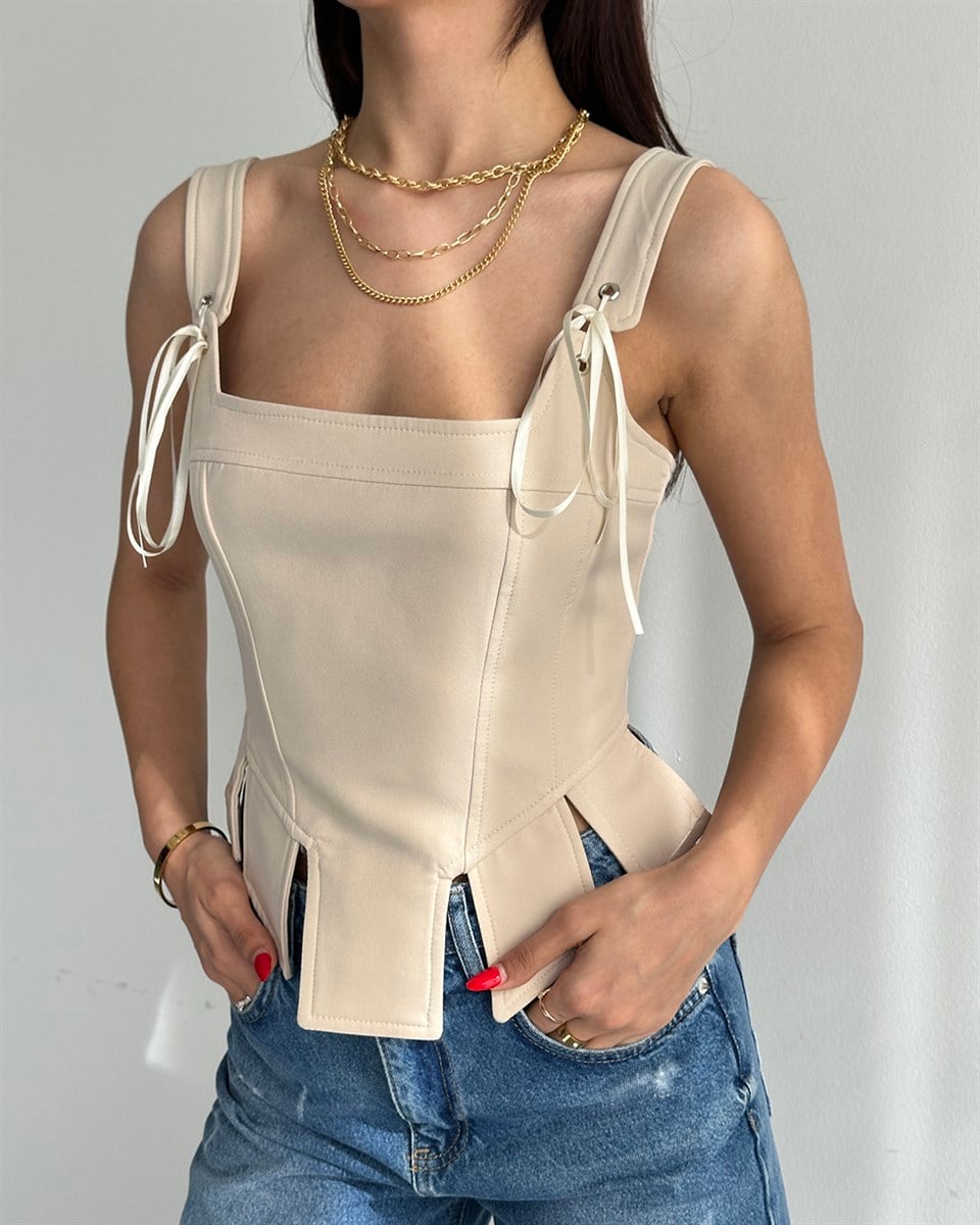 Bej İp Detaylı Korse Bluz