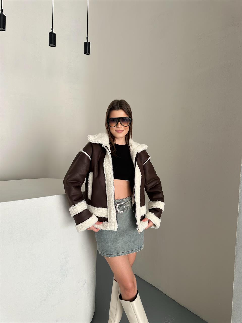 Bej Peluş Deri Kahverengi Mont