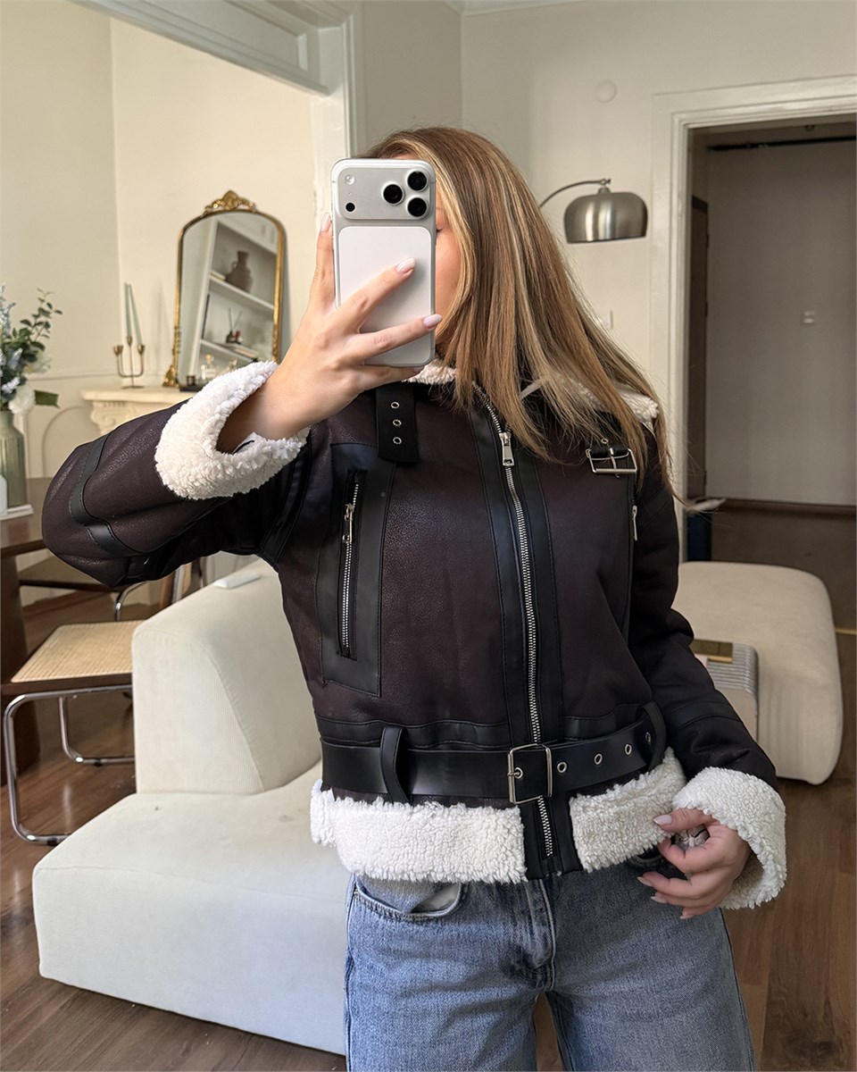 Bej Peluşlu Kemerli Peluş Astarlı Crop Kahverengi Ceket