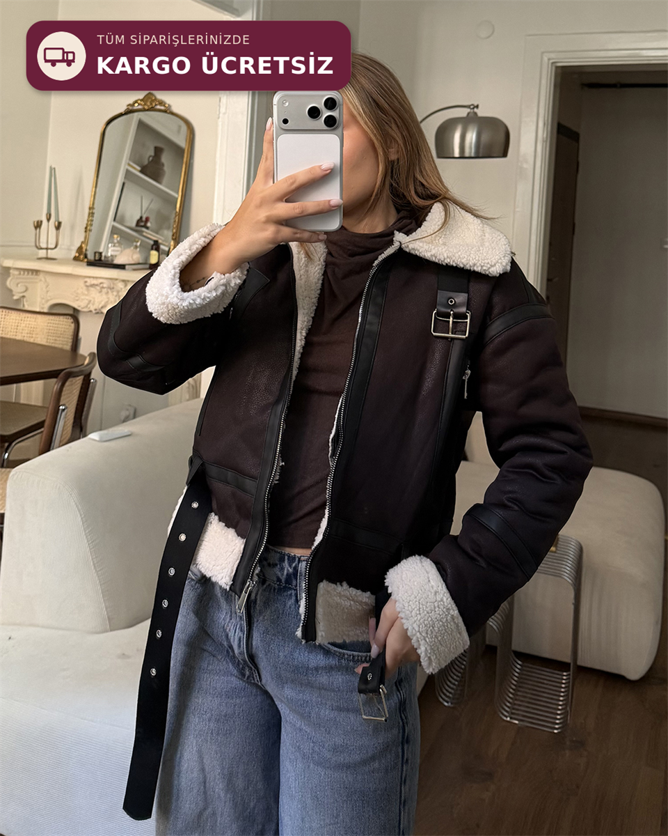 Bej Peluşlu Kemerli Peluş Astarlı Crop Kahverengi Ceket