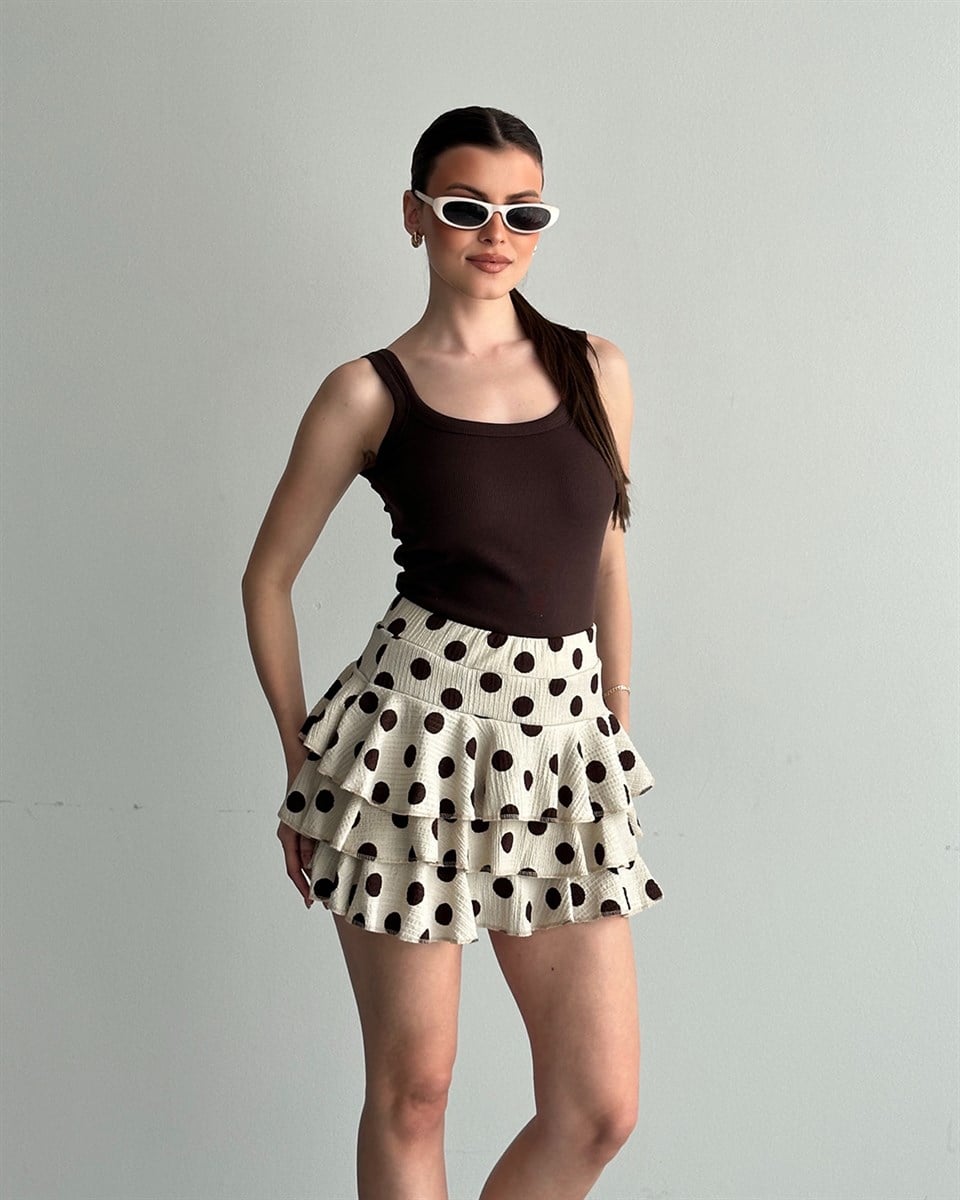 Bej Puantiyeli Volanlı Şort Etek