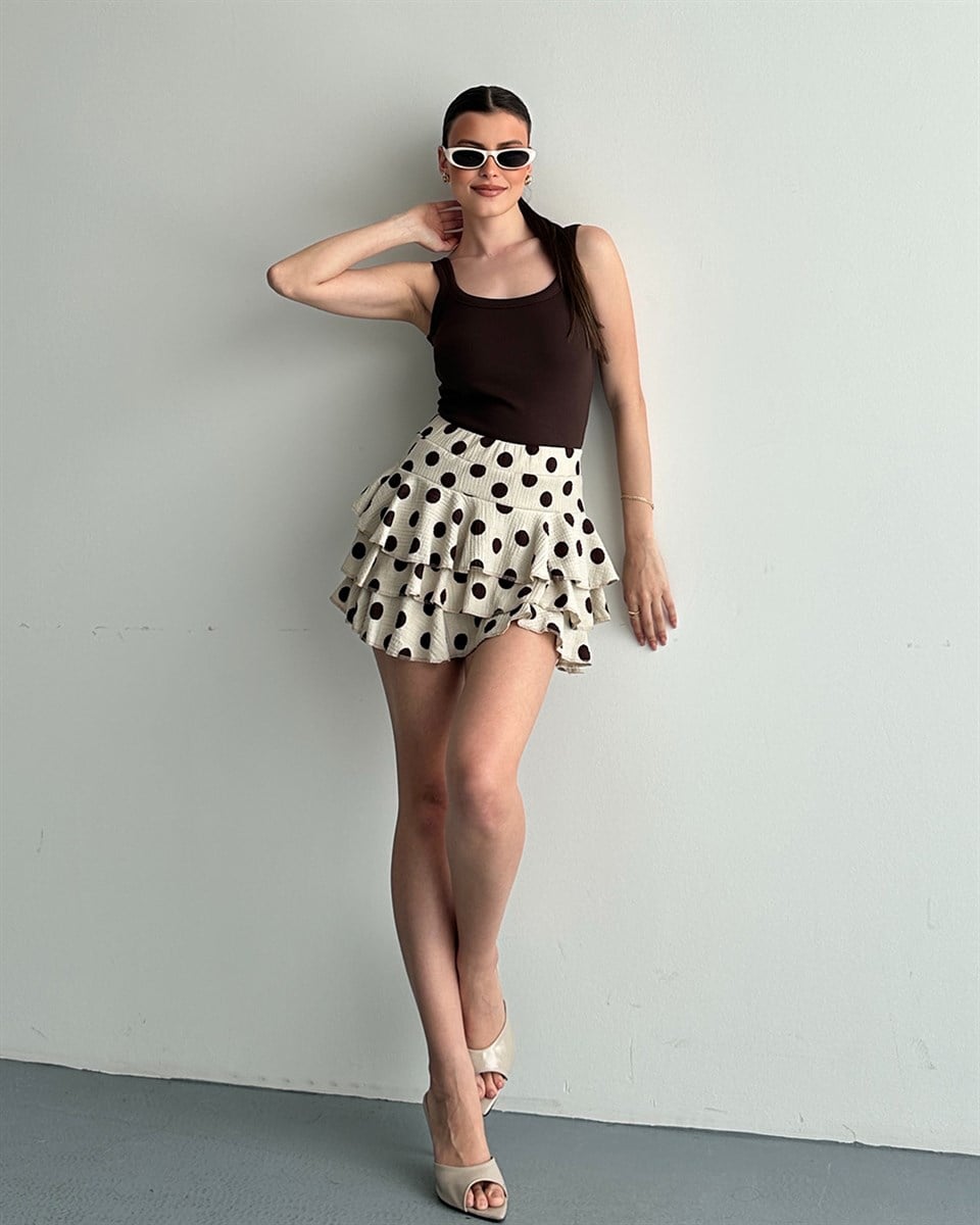 Bej Puantiyeli Volanlı Şort Etek