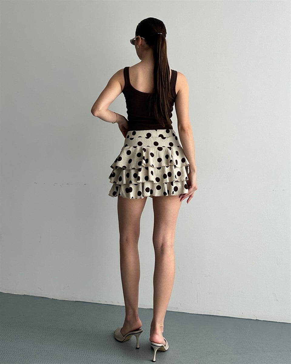Bej Puantiyeli Volanlı Şort Etek