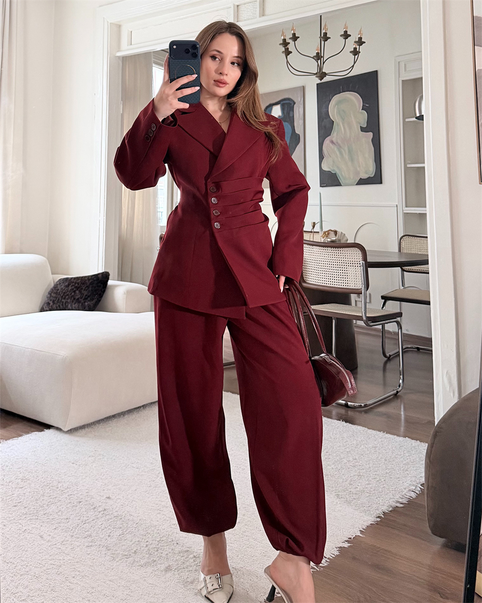 Bel Bağlamalı Bordo Blazer Pantolon Takım