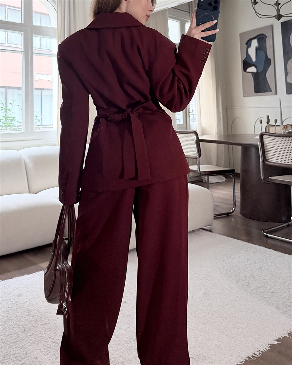 Bel Bağlamalı Bordo Blazer Pantolon Takım