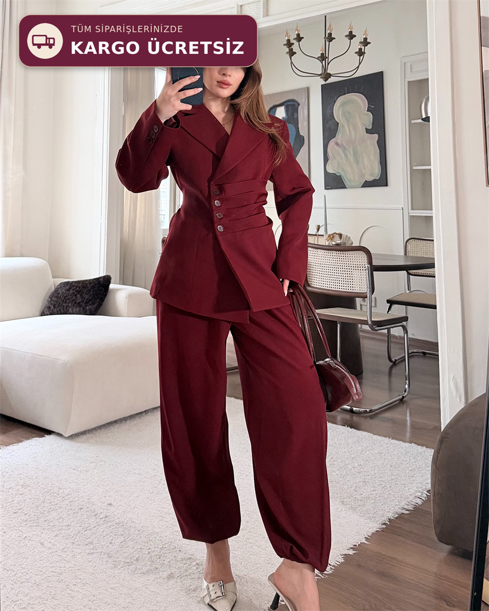 Bel Bağlamalı Bordo Blazer Pantolon Takım