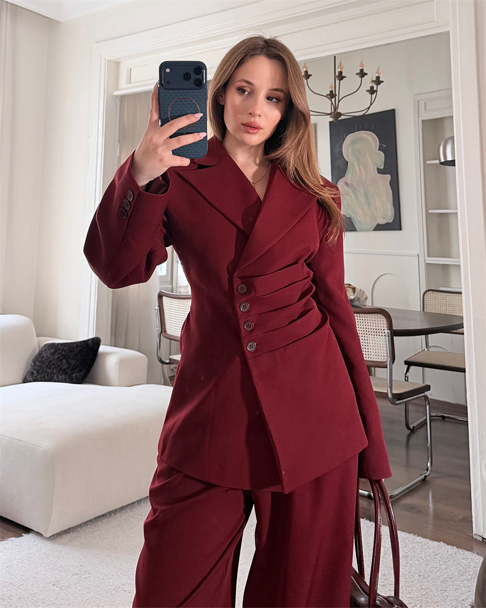 Bel Bağlamalı Bordo Blazer Pantolon Takım