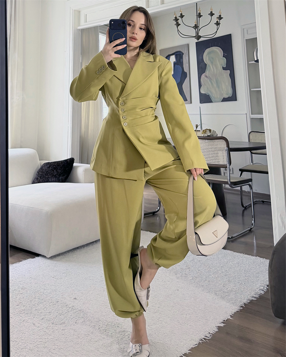 Bel Bağlamalı Haki Blazer Pantolon Takım