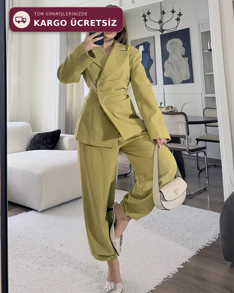 Bel Bağlamalı Haki Blazer Pantolon Takım