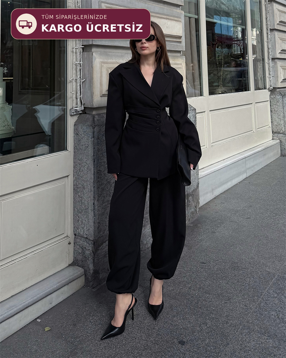 Bel Bağlamalı Siyah Blazer Pantolon Takım