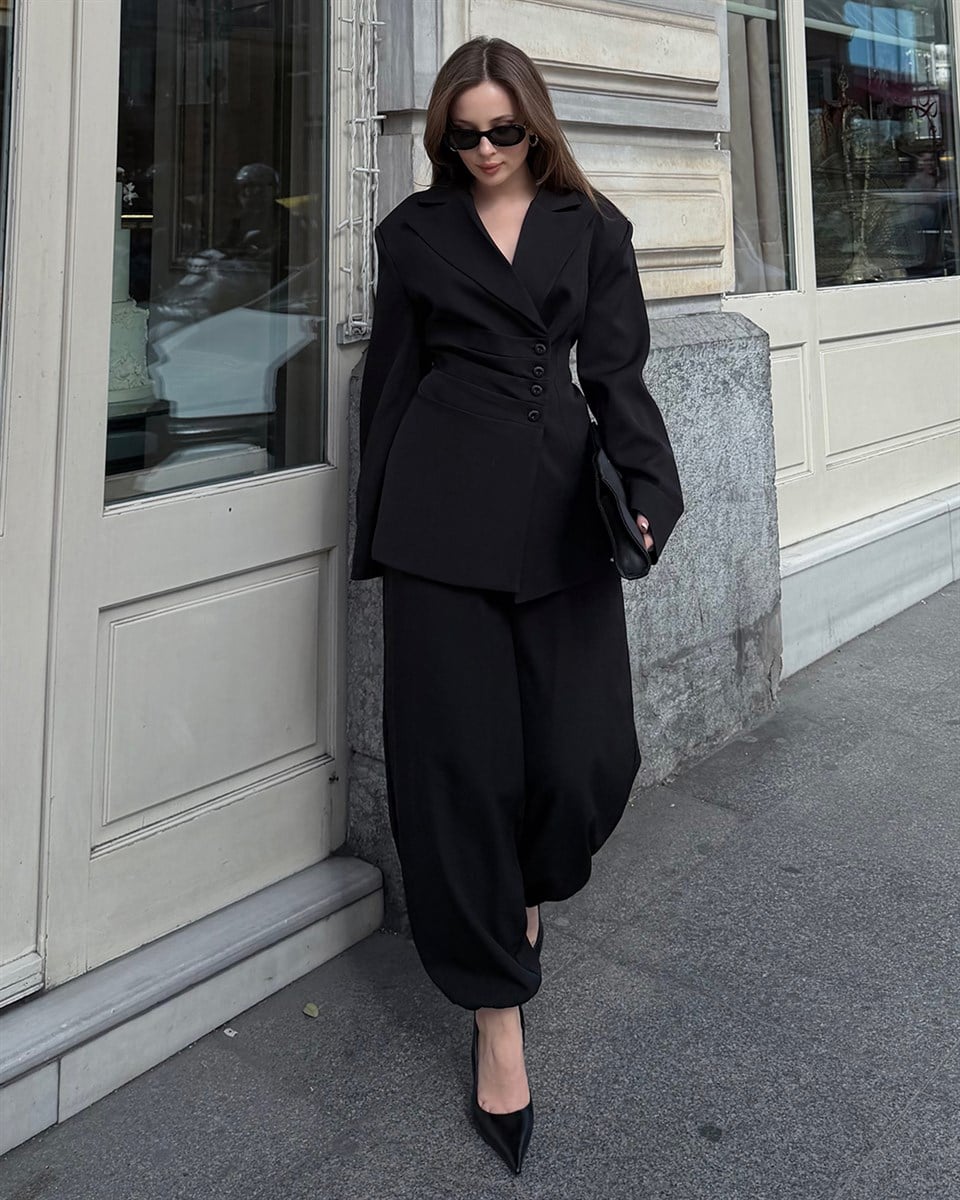 Bel Bağlamalı Siyah Blazer Pantolon Takım