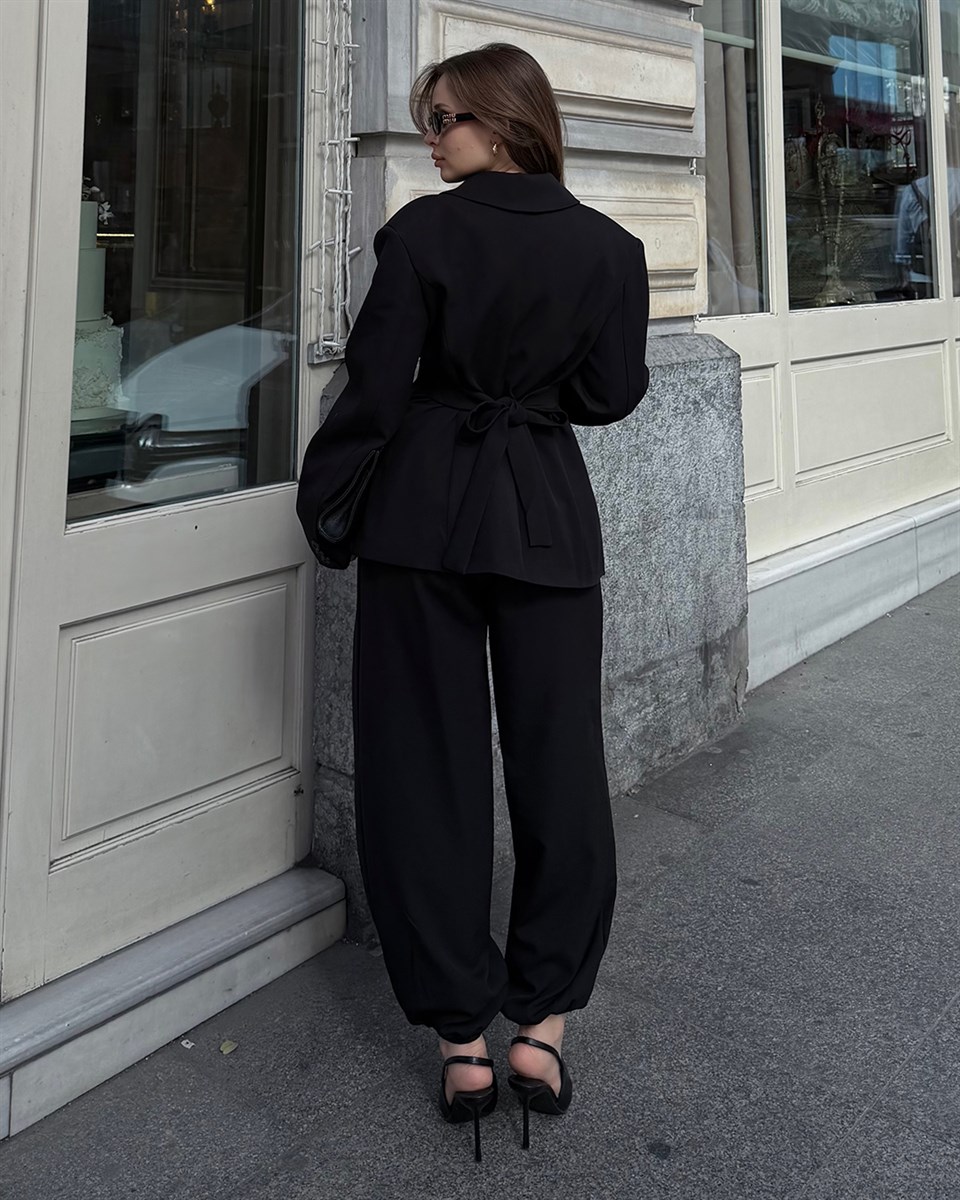 Bel Bağlamalı Siyah Blazer Pantolon Takım