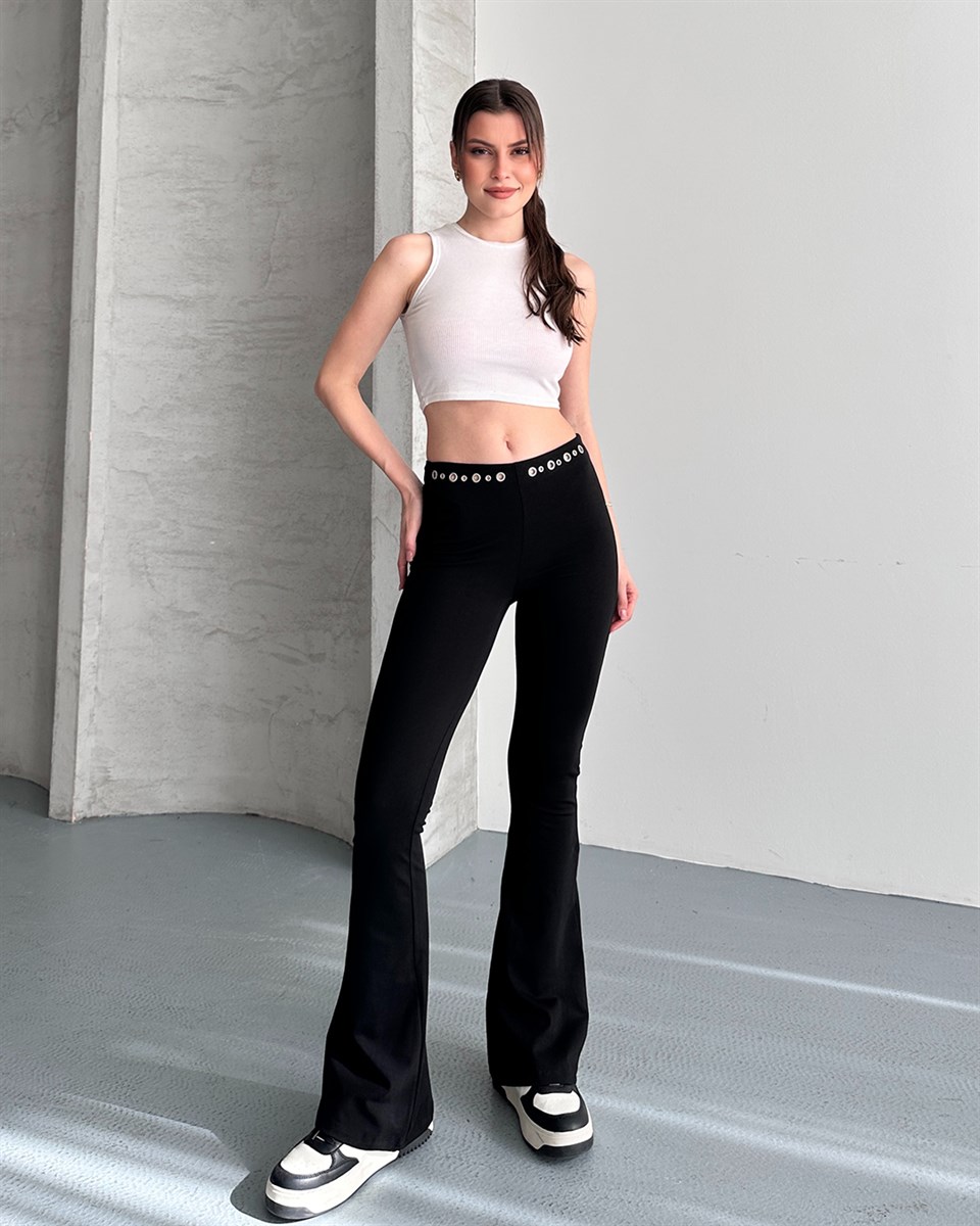 Bel Detaylı İspanyol Paça Siyah Pantolon