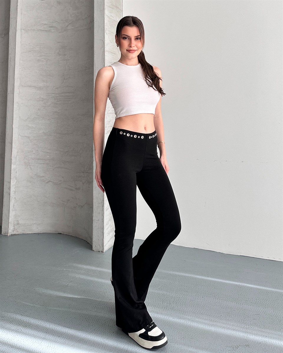 Bel Detaylı İspanyol Paça Siyah Pantolon