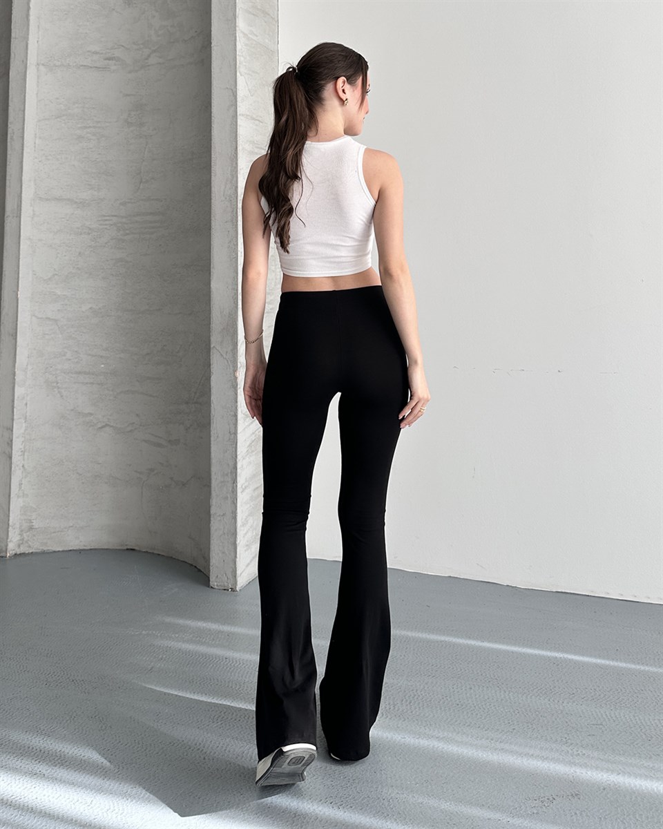 Bel Detaylı İspanyol Paça Siyah Pantolon