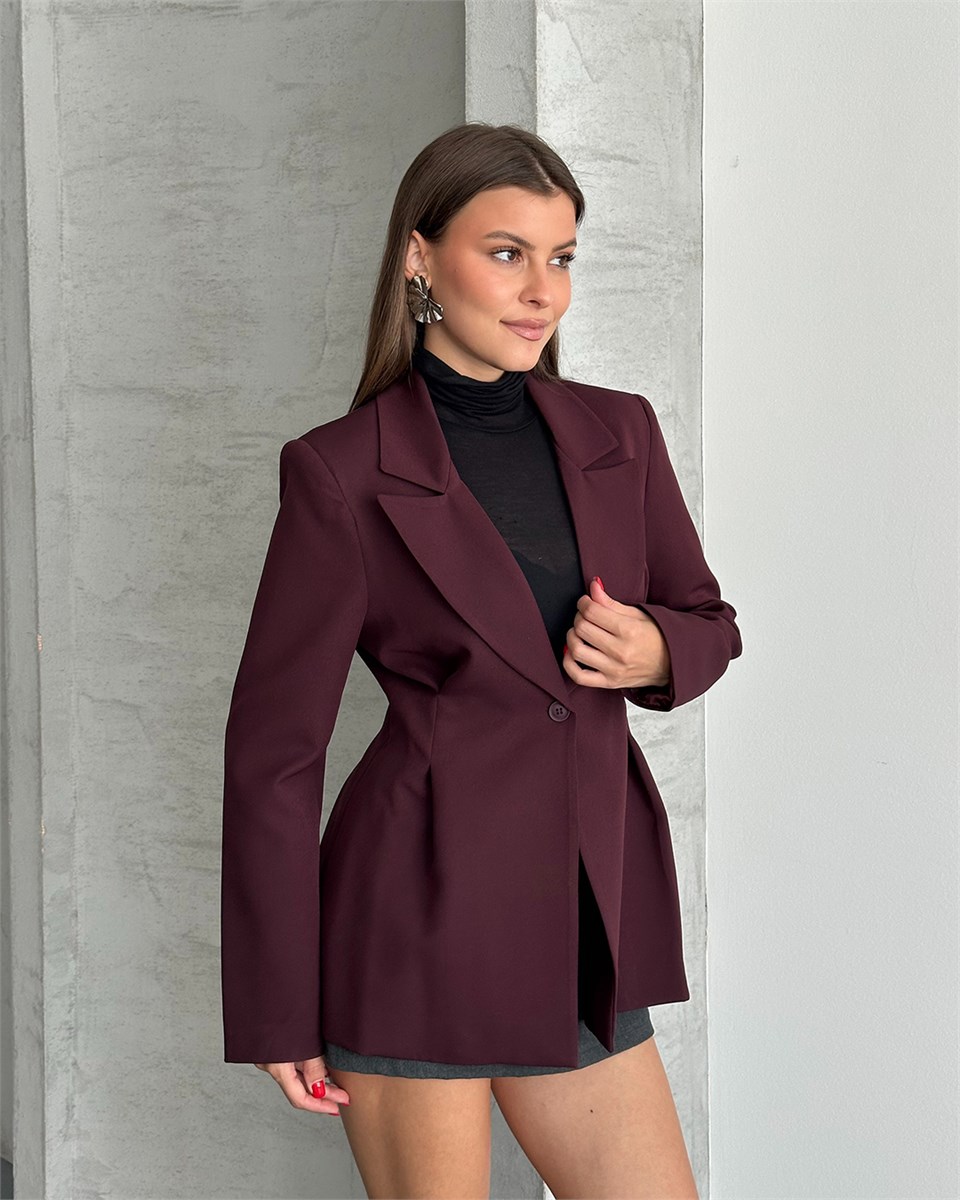 Belden Oturtmalı Dokuma Bordo Blazer Ceket