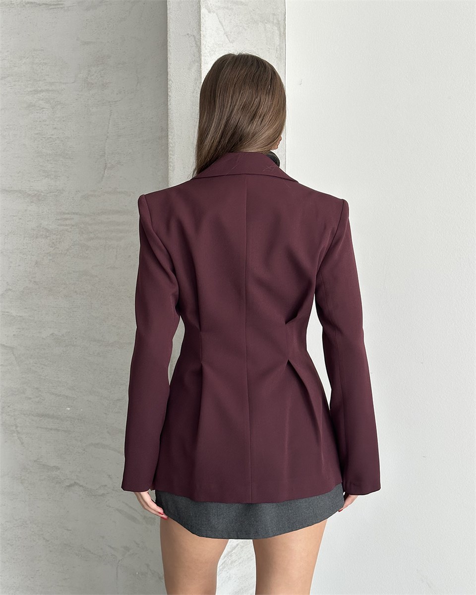 Belden Oturtmalı Dokuma Bordo Blazer Ceket