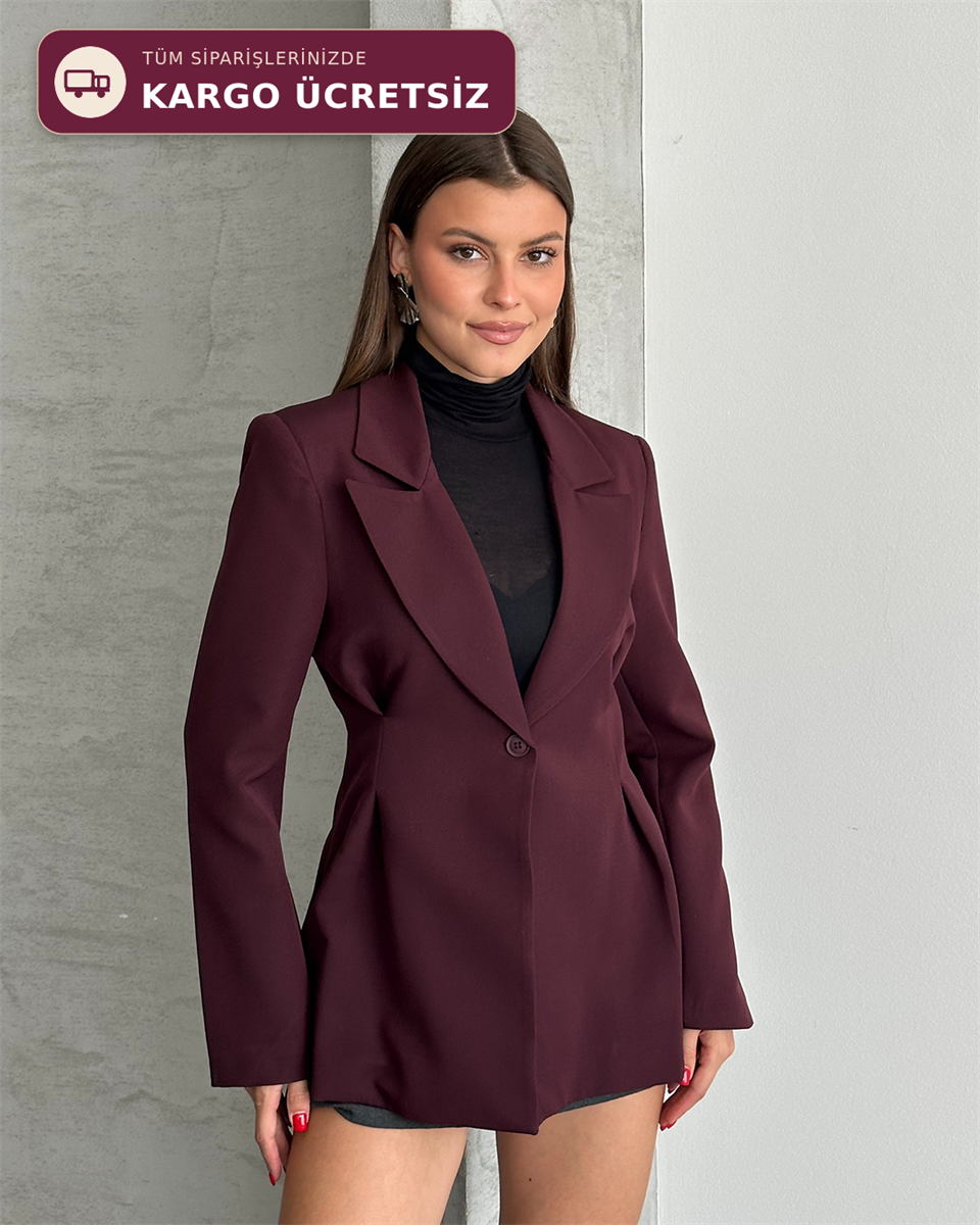 Belden Oturtmalı Dokuma Bordo Blazer Ceket