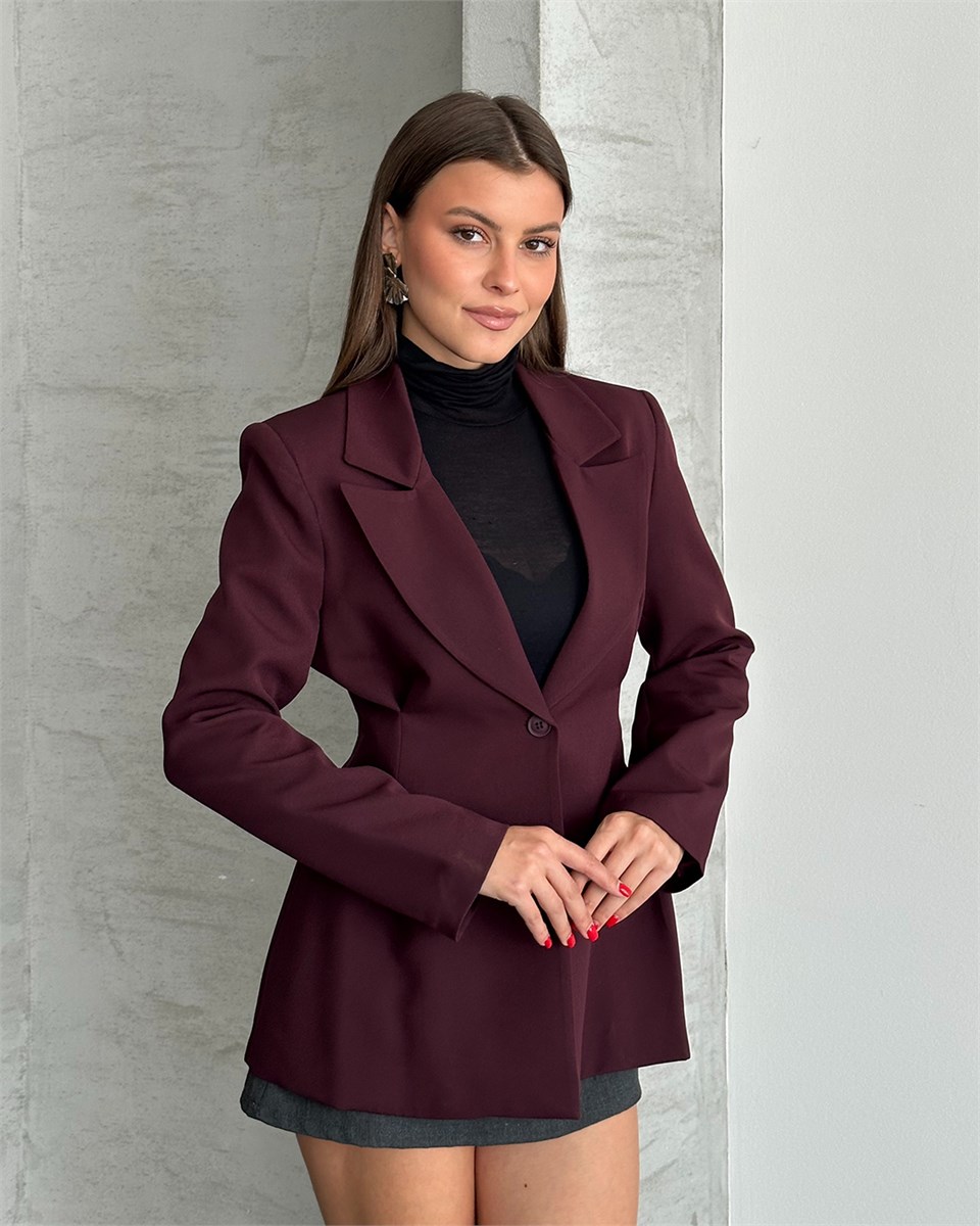 Belden Oturtmalı Dokuma Bordo Blazer Ceket