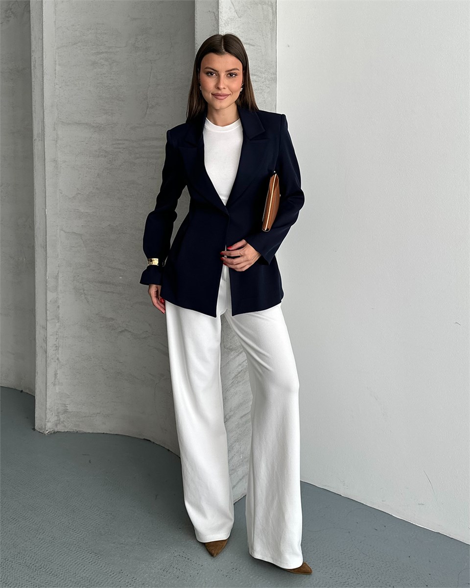 Belden Oturtmalı Dokuma Lacivert Blazer Ceket