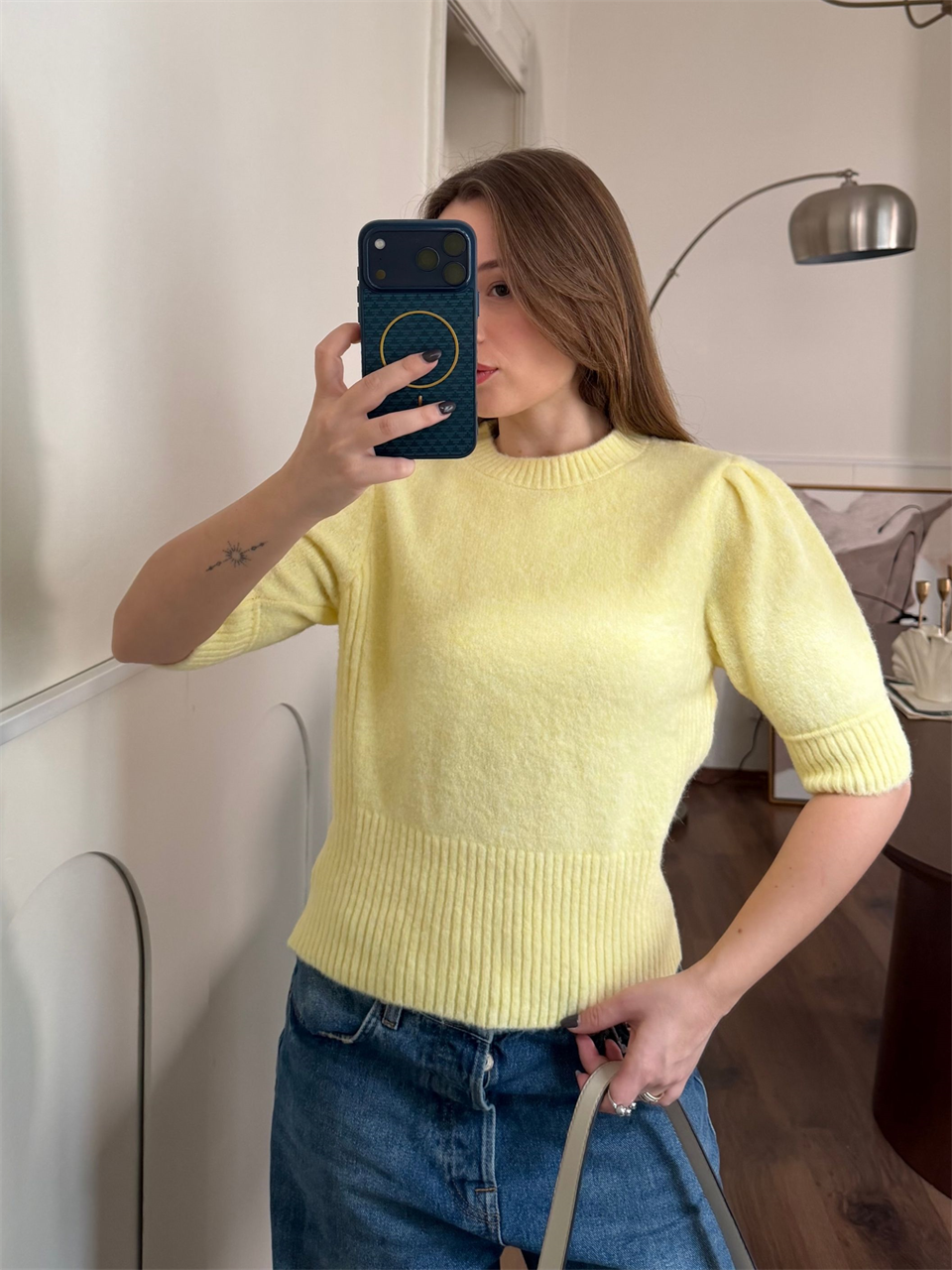 Beli Lastikli Yarım Kol Sarı Yumoş Kazak