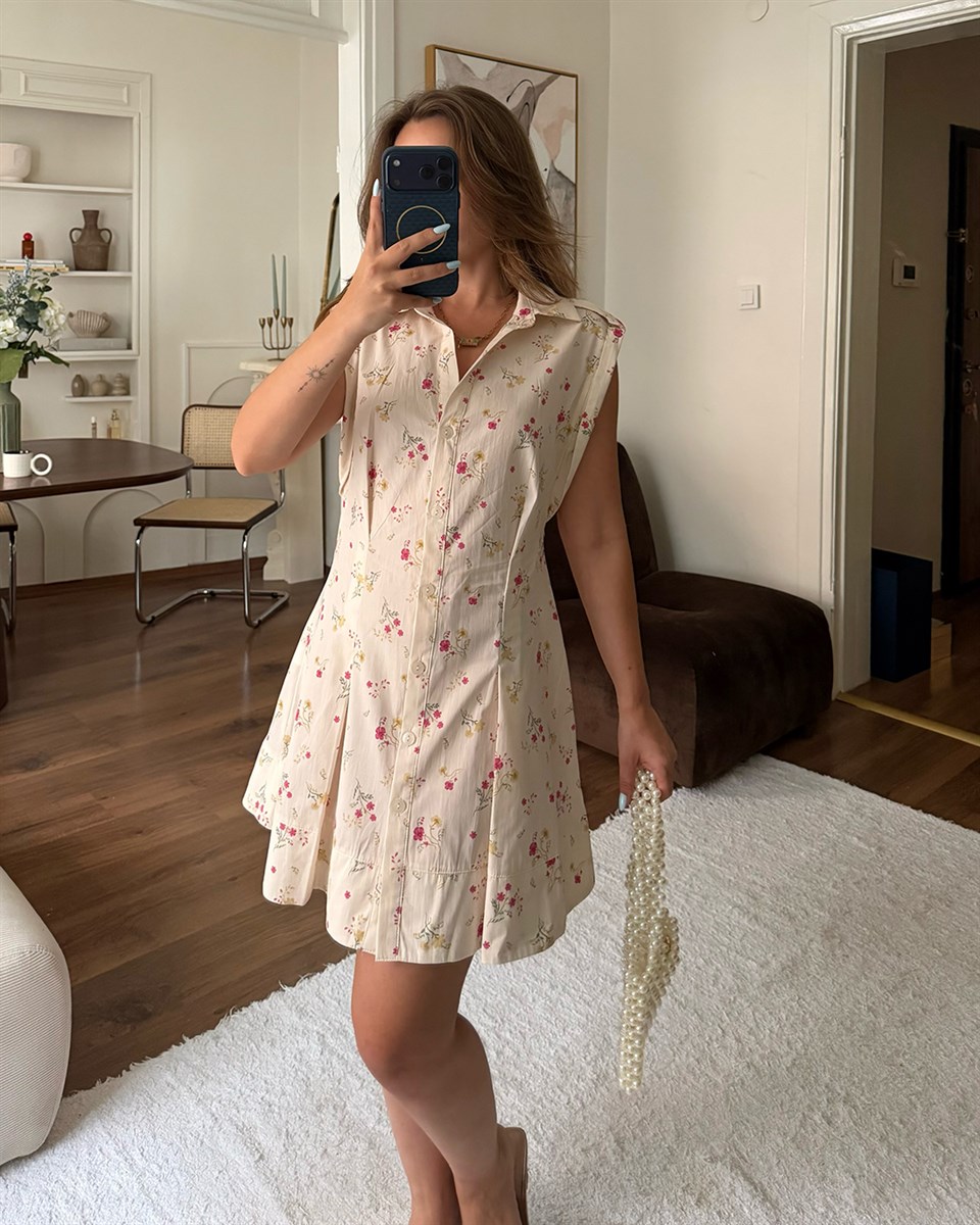 Bej Çiçekli Mini Elbise